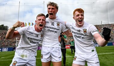 THREE STARS: Mayo players, from left, Ryan O'Donoghue, Kobe McDonald and Darragh Beirne celebrate after their side's victory in the GAA Football All-Ireland Senior Championship final match between Kerry and Mayo at Croke Park in Dublin. Photo by Seb Daly/Sportsfile