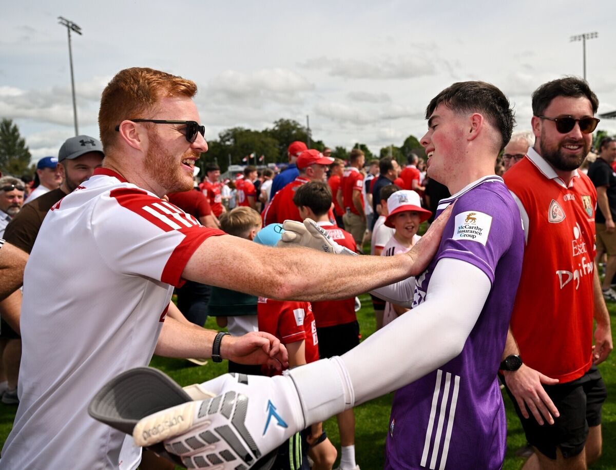 Cork goalkeeper Rory Twohig celebrates with supporters after the All-Ireland MFC final. Picture: Sam Barnes/Sportsfile