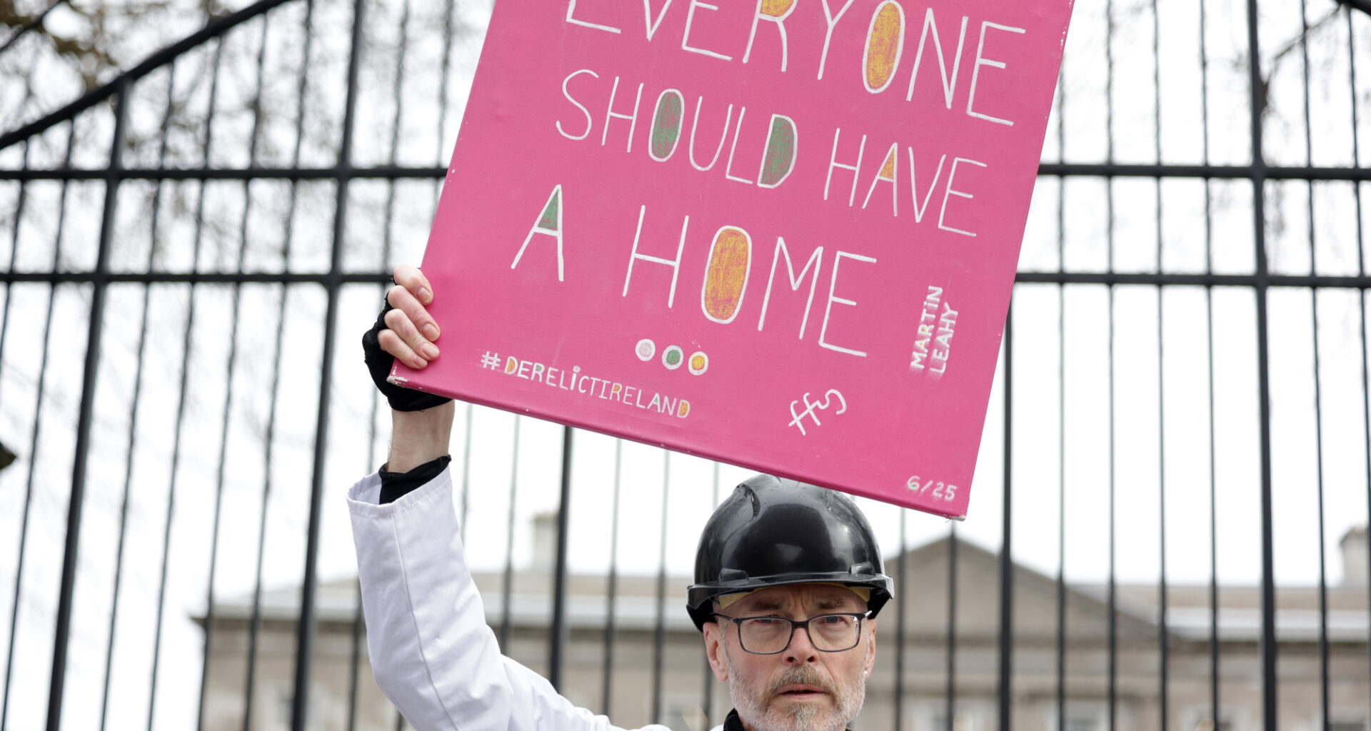 Frank O'Connor from Derelict Ireland outside Leinster House in March, as Cork-based singer/ songwriter Martin Leahy marked his 200th and final weekly Dáil housing crisis protest with his song 'Everyone Should Have A Home’. Picture: Leah Farrell/RollingNews.ie