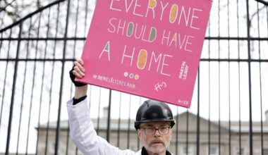 Frank O'Connor from Derelict Ireland outside Leinster House in March, as Cork-based singer/ songwriter Martin Leahy marked his 200th and final weekly Dáil housing crisis protest with his song 'Everyone Should Have A Home’. Picture: Leah Farrell/RollingNews.ie