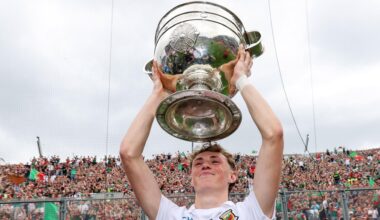 Mayo's Kobe McDonald celebrates with the Sam Maguire Cup. Pic: ©INPHO/Ryan Byrne