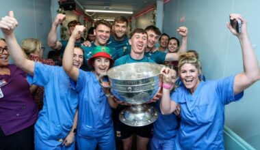 Jordan Flynn, Aidan O'Shea, Jack Coyne and Eoin McGreal with with nurses from the CHI Temple Street. Pic: ©INPHO/Tom Maher.