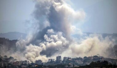 Smoke rises over the village of Kfar Tibnit in Zawtar al-Sharqiyah in southern Lebanon after a missile strike by Israeli military forces on Thursday. Picture: Ibrahim Amro/AFP/Getty