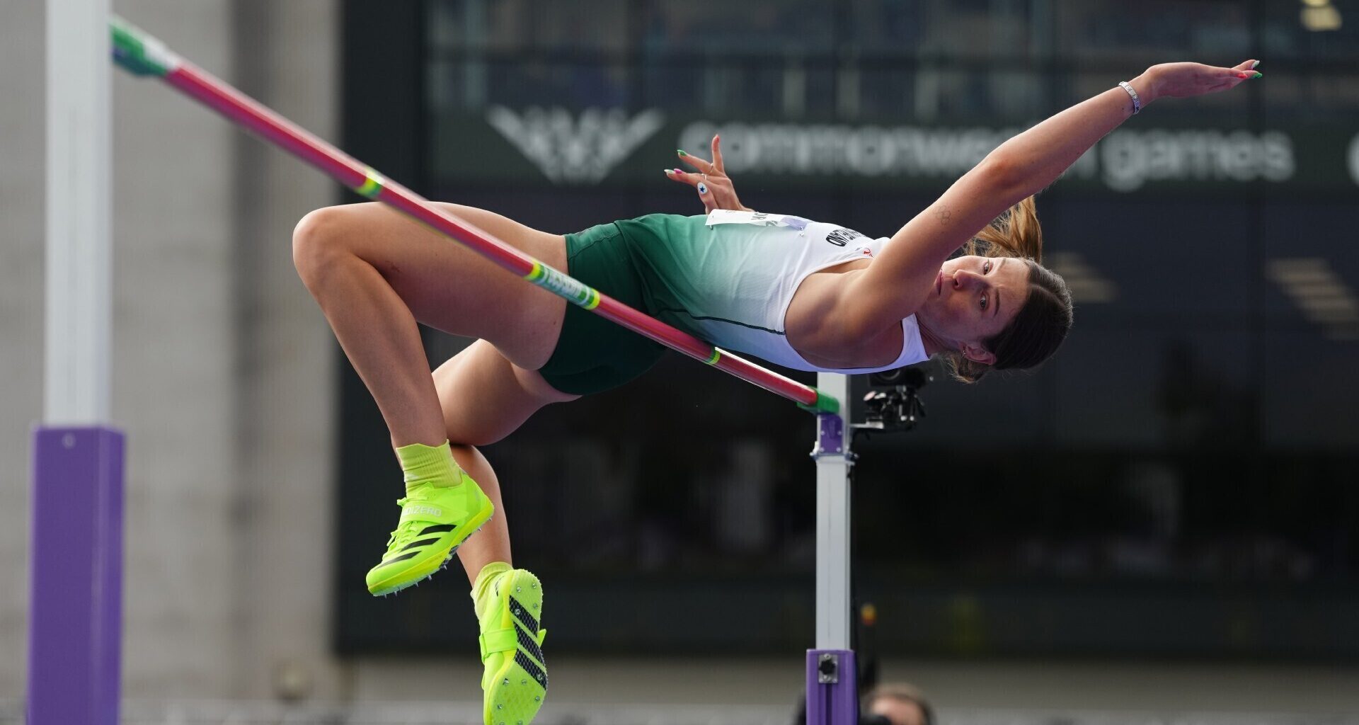 Kate O'Connor of Ireland during the Women's Heptathlon High Jump at the Scotstoun Stadium during day five of the 2026 Commonwealth Games in Glasgow. Pic: Martin Rickett/PA Wire.