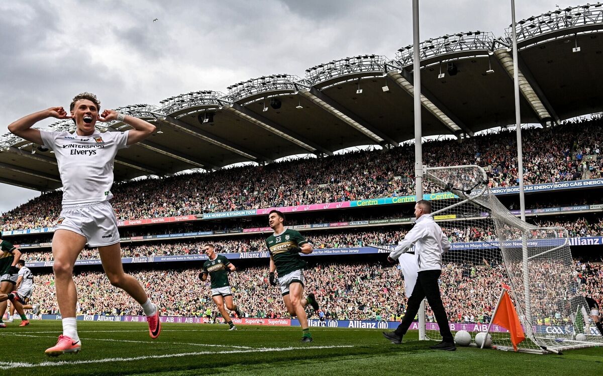 Kobe McDonald of Mayo celebrates a late score. Pic: Stephen McCarthy/Sportsfile