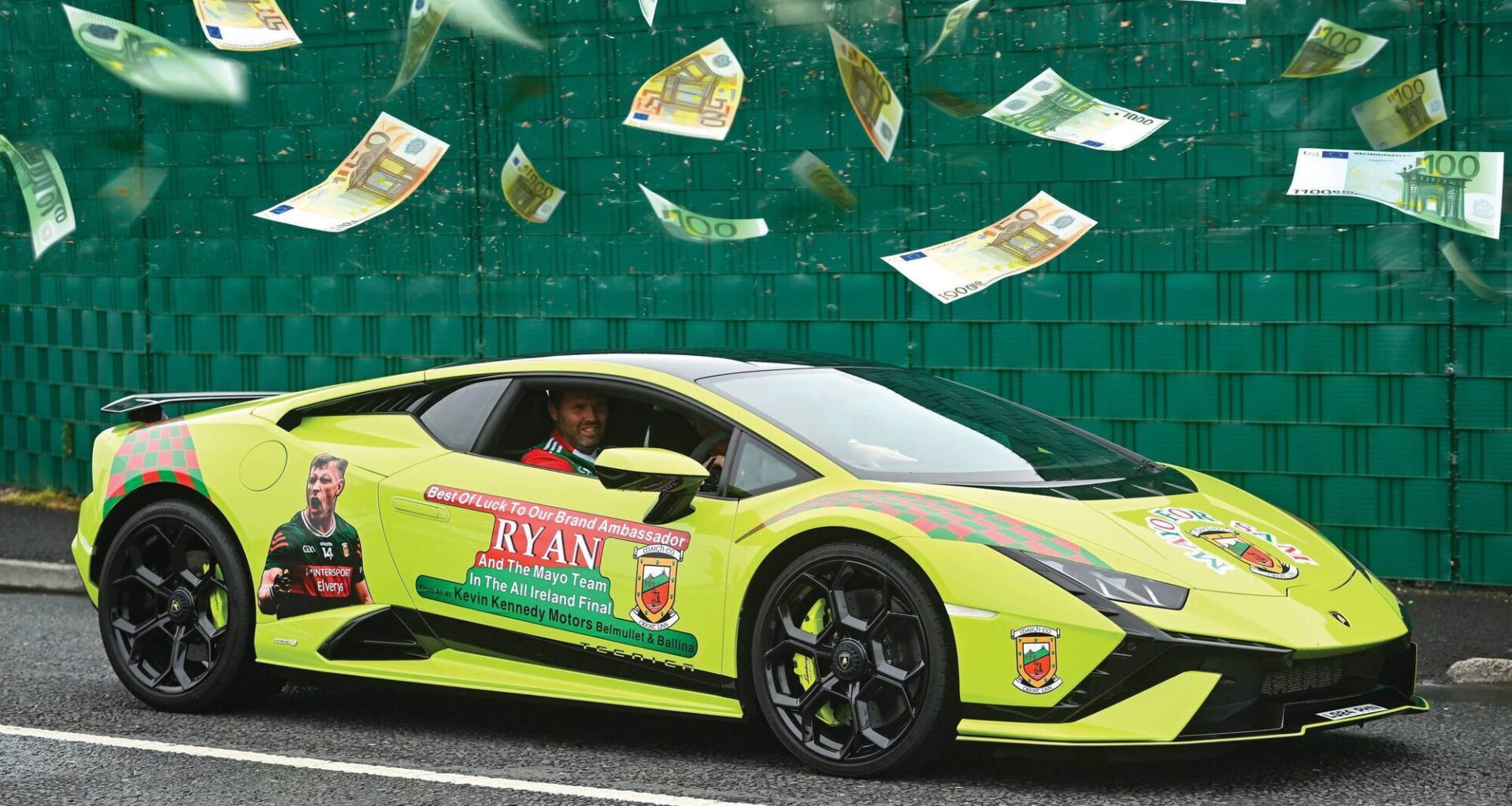 A Mayo-decorated Lamborghini during the homecoming celebrations at Hastings Insurance MacHale Park. Pic: Sportsfile