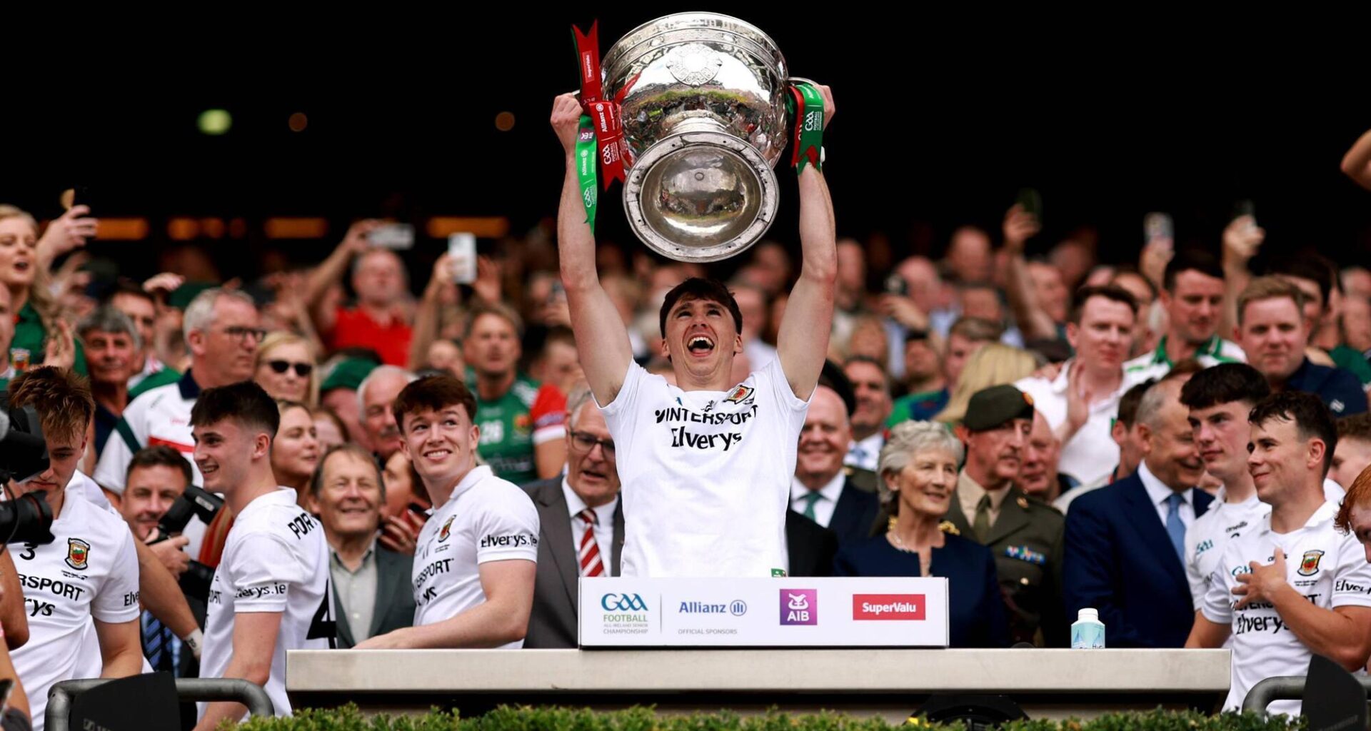 Mayo’s Sam Callinan lifts the Sam Maguire after his team’s victory in the All-Ireland SFC final in Croke Park on Sunday. Picture: James Crombie/Inpho
