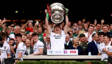 Mayo’s Sam Callinan lifts the Sam Maguire after his team’s victory in the All-Ireland SFC final in Croke Park on Sunday. Picture: James Crombie/Inpho