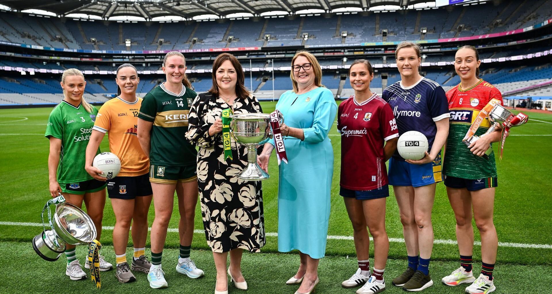 Fermanagh intermediate footballer Shannan McQuade, Antrim junior footballer Bronagh Devlin, Kerry senior footballer Síofra O’Shea, Deirdre Ní Choistín, CEO TG4, Trina Murray, LGFA President, Galway senior footballer Kate Geraghty, Roscommon intermediate footballer Helena Cummins and Carlow junior footballer Róisín Bailey. Pic: Piaras Ó Mídheach/Sportsfile
