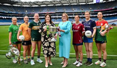 Fermanagh intermediate footballer Shannan McQuade, Antrim junior footballer Bronagh Devlin, Kerry senior footballer Síofra O’Shea, Deirdre Ní Choistín, CEO TG4, Trina Murray, LGFA President, Galway senior footballer Kate Geraghty, Roscommon intermediate footballer Helena Cummins and Carlow junior footballer Róisín Bailey. Pic: Piaras Ó Mídheach/Sportsfile