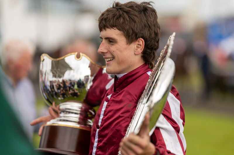 Daniel King celebrates winning The Guinness Galway Hurdle Handicap (Grade 3) with Putapoundinthejar and also yesterdays Galway Plate