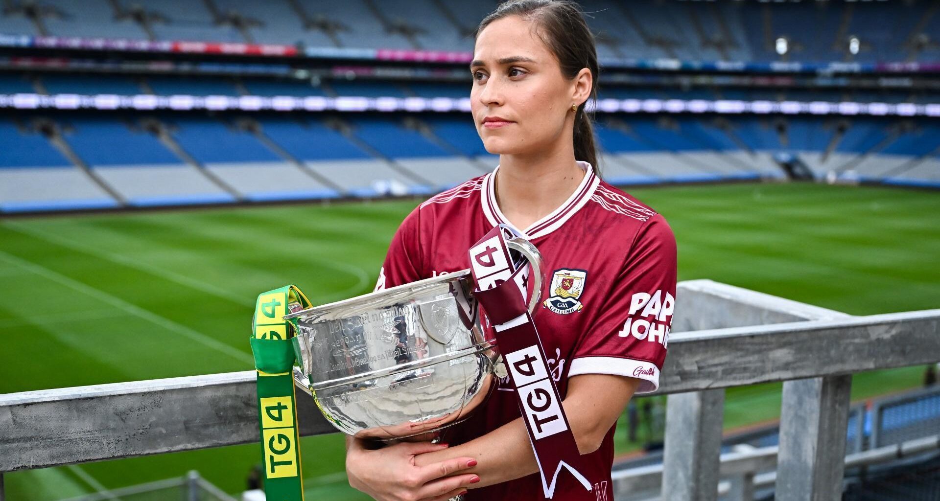 NEVER LETTING GO: Galway captain Kate Geraghty holds onto the Brendan Martin Cup ahead of the TG4 All-Ireland final on Sunday. Pic: Piaras Ó Mídheach/Sportsfile