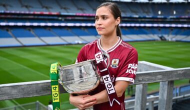 NEVER LETTING GO: Galway captain Kate Geraghty holds onto the Brendan Martin Cup ahead of the TG4 All-Ireland final on Sunday. Pic: Piaras Ó Mídheach/Sportsfile