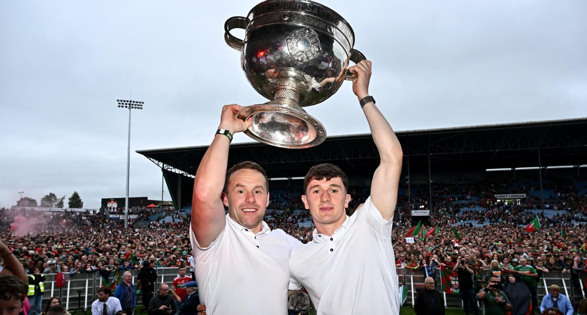 Mayo manager Andy Moran, left, and captain Jack Coyne during the homecoming celebrations. Pic: John Sheridan/Sportsfile