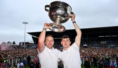 Mayo manager Andy Moran, left, and captain Jack Coyne during the homecoming celebrations. Pic: John Sheridan/Sportsfile