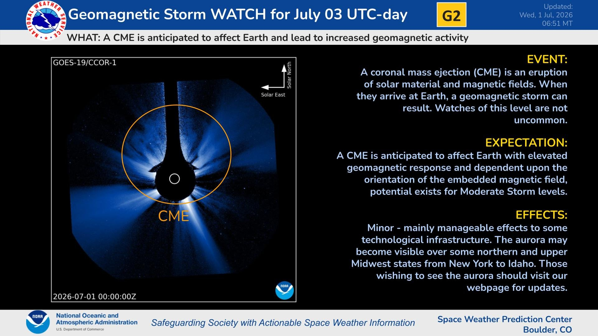 infographic detailing the geomagnetic storm watch issued for Jult3