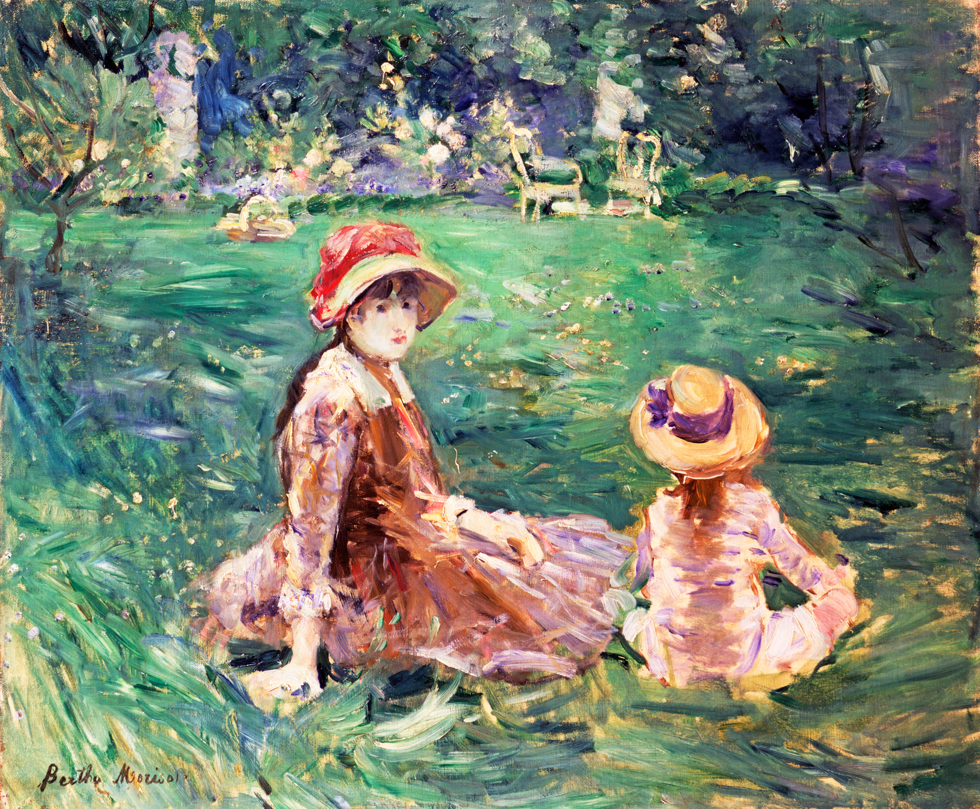 In the Garden at Maurecourt by Berthe Morisot; an Impressionist painting of a woman and a girl in a garden.