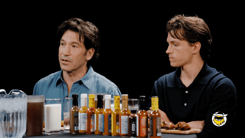 Jon Bernthal and Tom Holland on "Hot Ones." (Courtesy: First We Feast/YouTube)