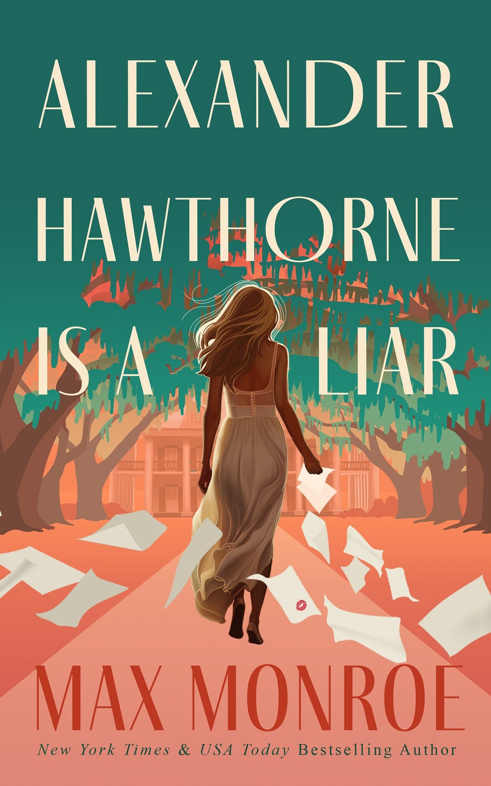 Book cover featuring a woman in a flowing dress walking away amidst scattered papers, with the title prominently displayed.