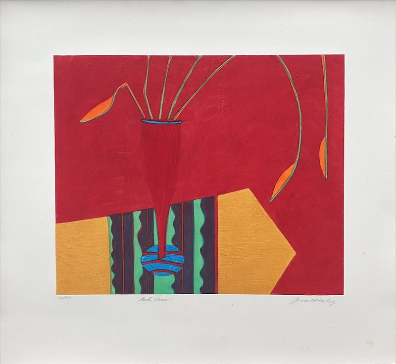 Jane O’Malley’s carborundum print, Red Vase,  with an estimate of €300 to €500, at deVere's auction on July 15th