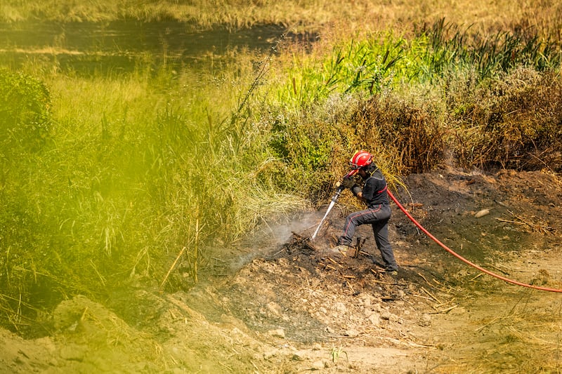 A firefighter sprays water on smoke plumes to prevent the fire from reigniting in the town of Ille sur Tet. Photograph: Jean-Christophe Milhet/AFP via Getty Images
