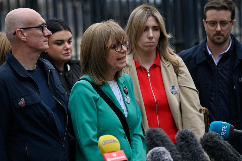 Lyra McKee's sister Nichola Corner (centre) speaking to the media  outside Belfast Crown Court on Friday. Photograph: PA Wire