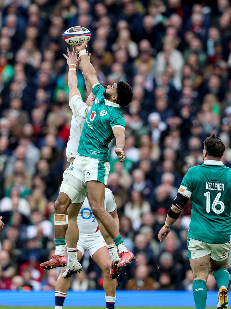 Ireland's Robert Baloucoune makes a catch during the Six Nations victory against England at Twickenham in February. Photograph: Billy Stickland/Inpho