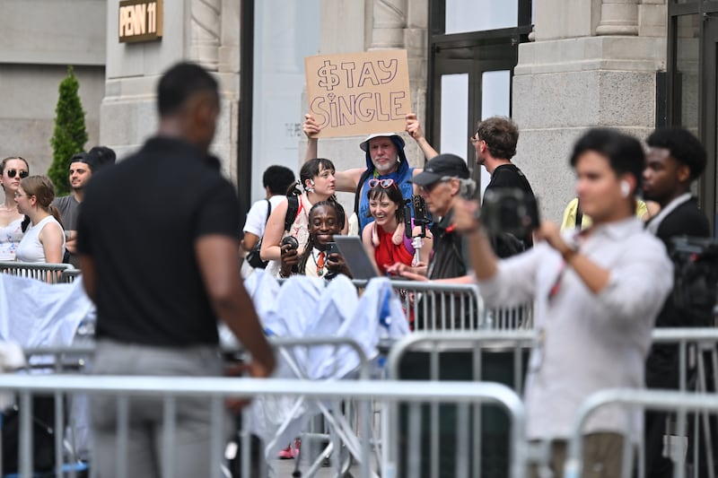 Fans outside Madison Square Garden. Swift’s romance with Kelce has been one of the most talked-about love stories of the decade. Photograph: Roy Rochlin/Getty Images