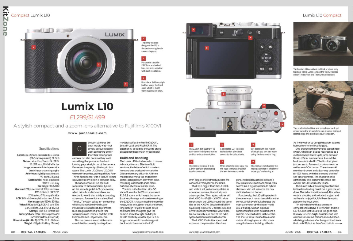 Image showing the first two pages of the Lumix L10 camera review, in issue 310 (August 2026) of Digital Camera magazine