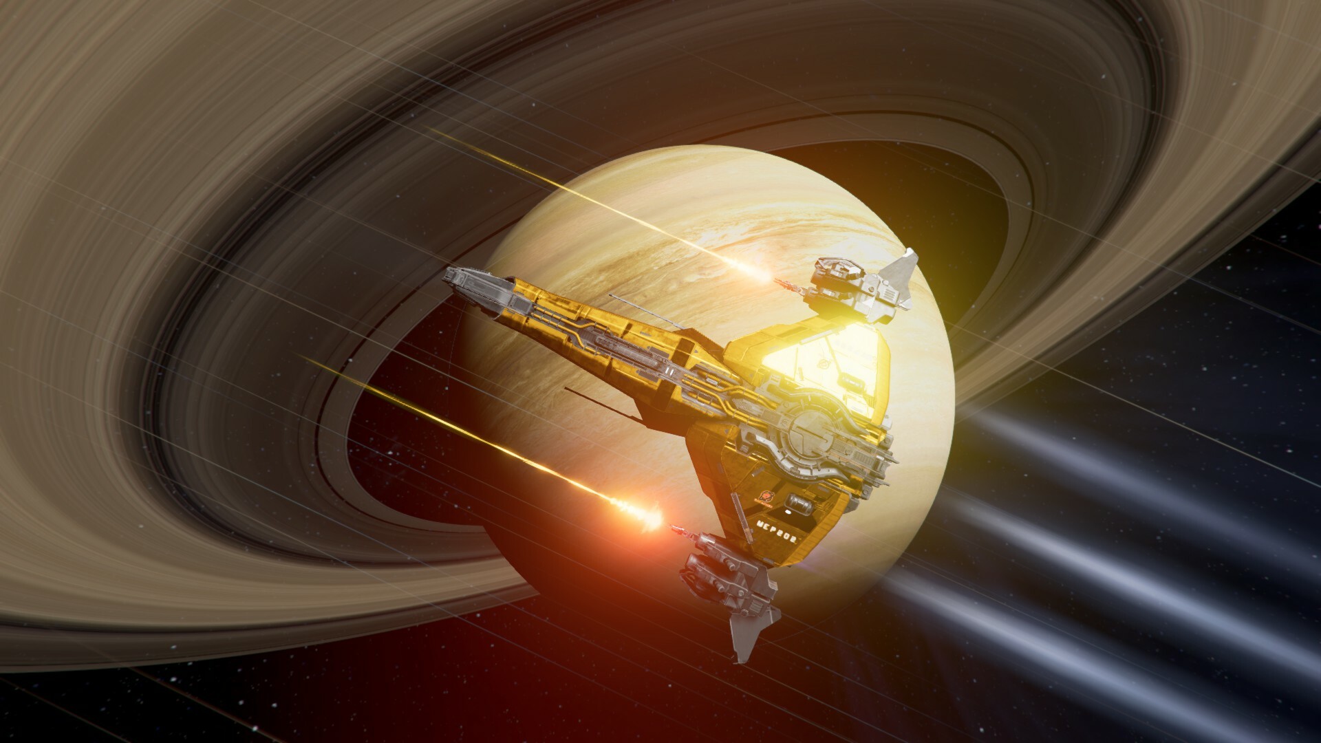Screenshot from the space trading and combat game X4: Foundations, showing a yellow spaceship flying past a ringed gas giant.