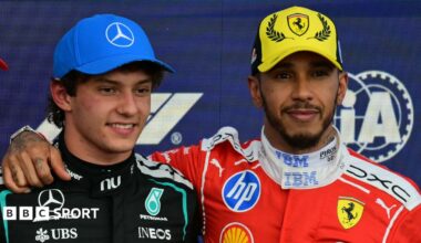 Lewis Hamilton with his arm around Kimi Antonelli's shoulder after qualifying for the British Grand Prix