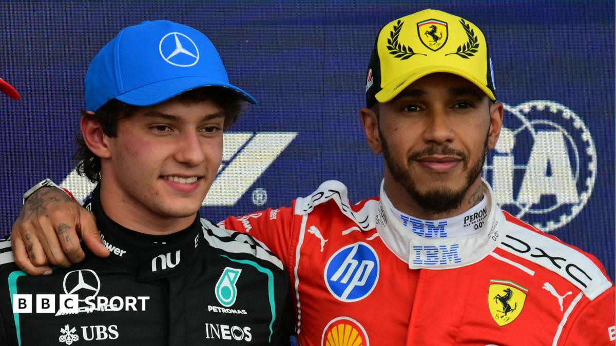 Lewis Hamilton with his arm around Kimi Antonelli's shoulder after qualifying for the British Grand Prix