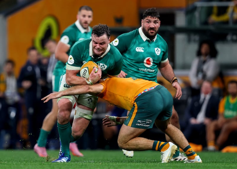 Ireland's James Ryan is tackled by Australia's Fraser McReight. Photograph: Ben Brady/Inpho