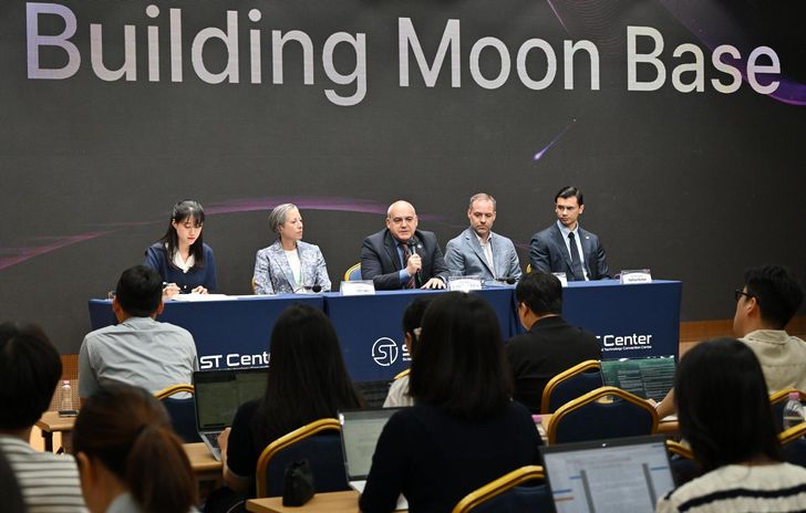 Members of NASA's Moon Base program attend a press conference hosted by the Korea AeroSpace Administration (KASA) in Seoul, Wednesday. Second from left are Chief Architect Nujoud Merancy, Program Manager Carlos Garcia-Galan, International Lead Eric Maier and International Specialist Nathan Kumar. Courtesy of KASA