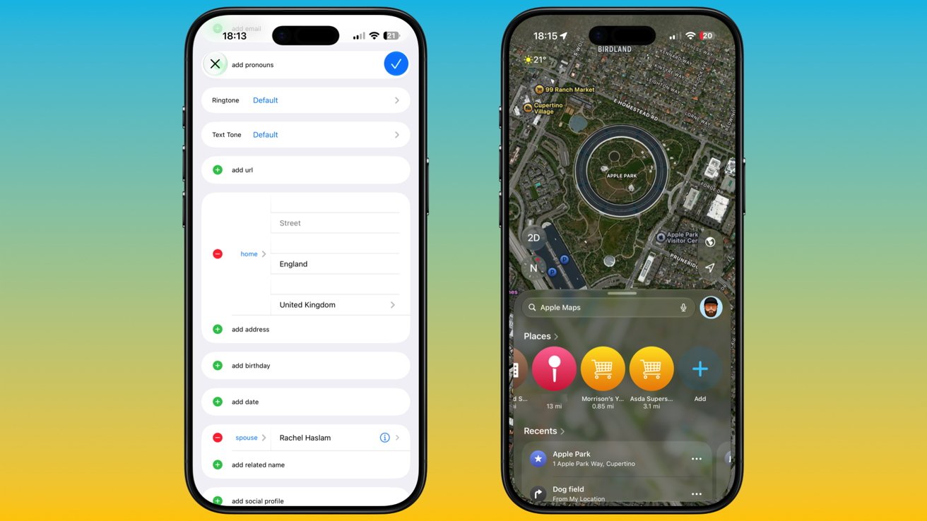 Two smartphones side by side; left shows a settings-style screen with lists and colored icons, right displays a satellite map with a circular route around a park and location markers