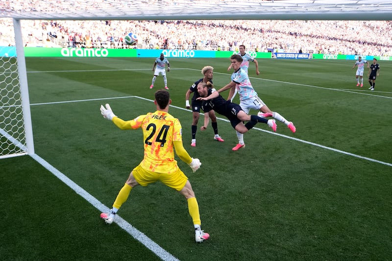 Charles De Ketelaere (17) of Belgium heads to score his team's second goal past USA goalkeeper Matt Freese. Photograph: Alex Grimm/Getty Images