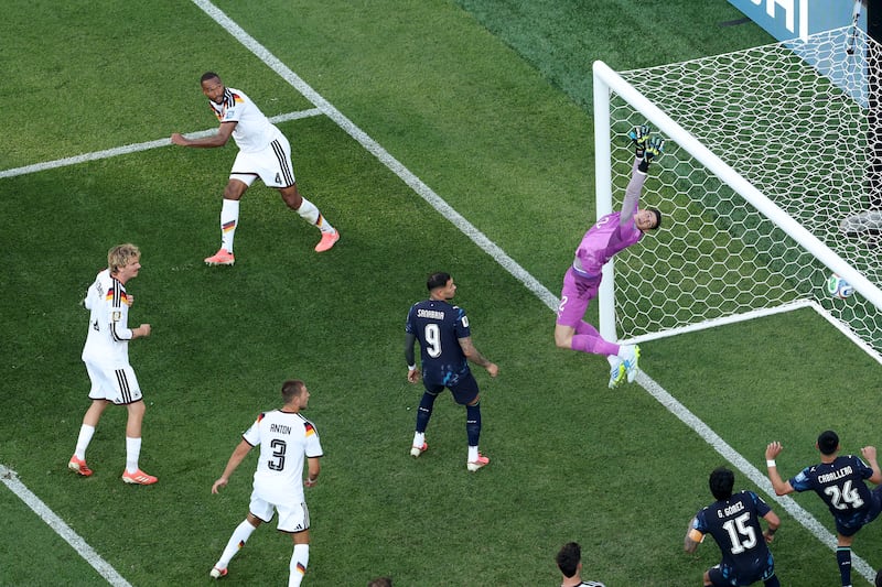 Jonathan Tah (4) thought he had headed Germany into the lead against Paraguay in Monday's World Cup round-of-32 match at Boston Stadium. The goal was subsequently disallowed for a foul by teammate Waldemar Anton on Paraguay goalkeeper Orlando Gill. Photograph: Darrian Traynor/Getty Images