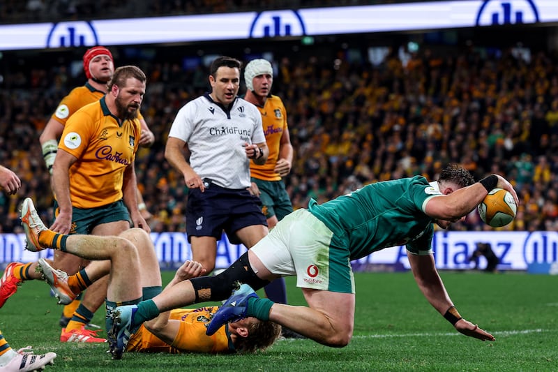 Ireland's Dan Sheehan scores a try that would later be overturned. Photograph: Ben Brady/Inpho
