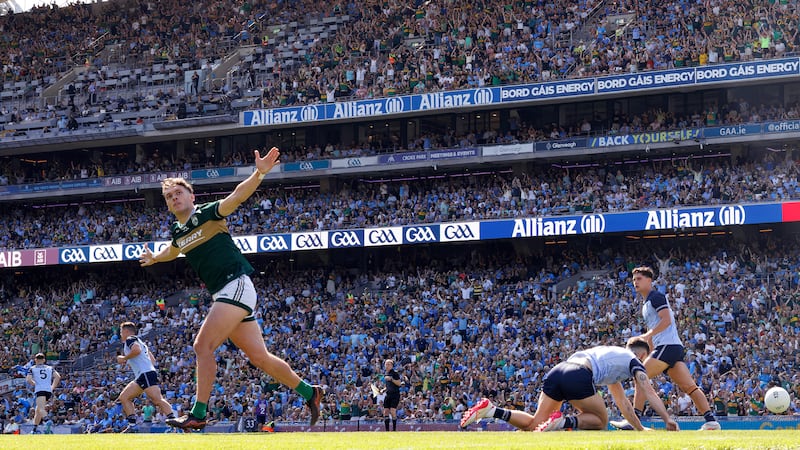Kerry's David Clifford celebrates scoring his side's first goal of the match. Photograph: James Crombie/Inpho