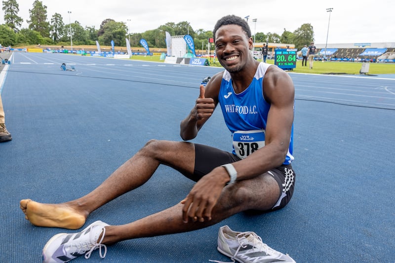 Benji Richardson celebrates taking gold in the men's 200m in Santry. Photograph: Morgan Treacy/Inpho