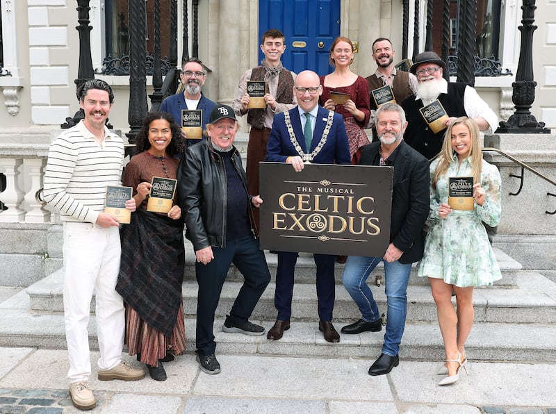 Lord Mayor of Dublin Councillor Ray McAdam with Brian Warfield  and Larry Bass pictured  with the cast at the launch of Celtic Exodus-The Musical written by Brian Warfield which opens for a historic four week run in the Mansion House, Dublin  from 22nd July - 20th August 2026.