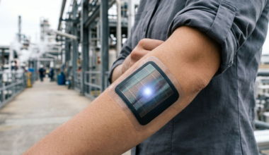 Wearable patch vibrates when it detects environmental hazards