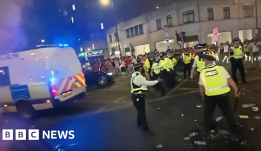 Four arrested and officer hurt in violent disorder - BBC