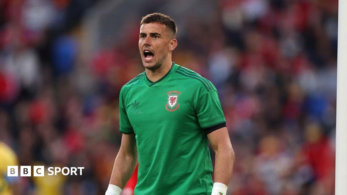 Karl Darlow stands in short-sleeved green Wales goalkeeper shirt