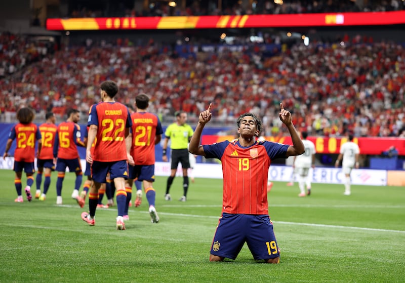 Lamine Yamal celebrates scoring Spain's first goal in their 4-0 win over Saudi Arabia. Photograph: Justin Setterfield/Getty