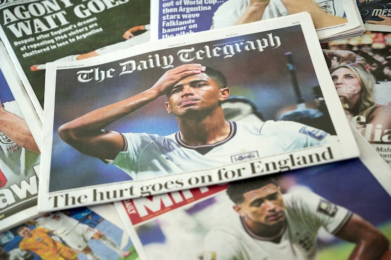 The front page of The Daily Telegraph shows a dejected Jude Bellingham following England's World Cup semi-final defeat to Argentina on Wednesday. Photograph: Gareth Cattermole/Getty Images