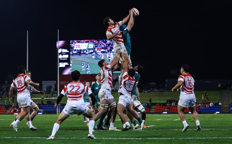 Japan's Jack Cornelsen competes at the lineout with Tadhg Beirne of Ireland. Photograph: Ben Brady/Inpho