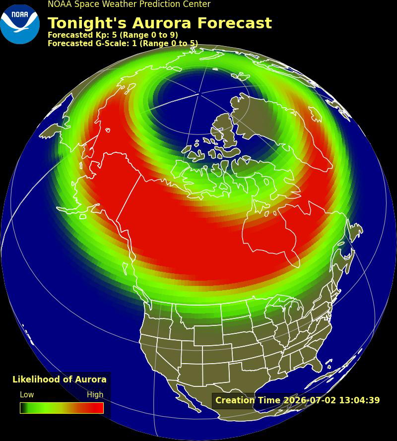 The NOAA aurora forecast for July 02, 2026