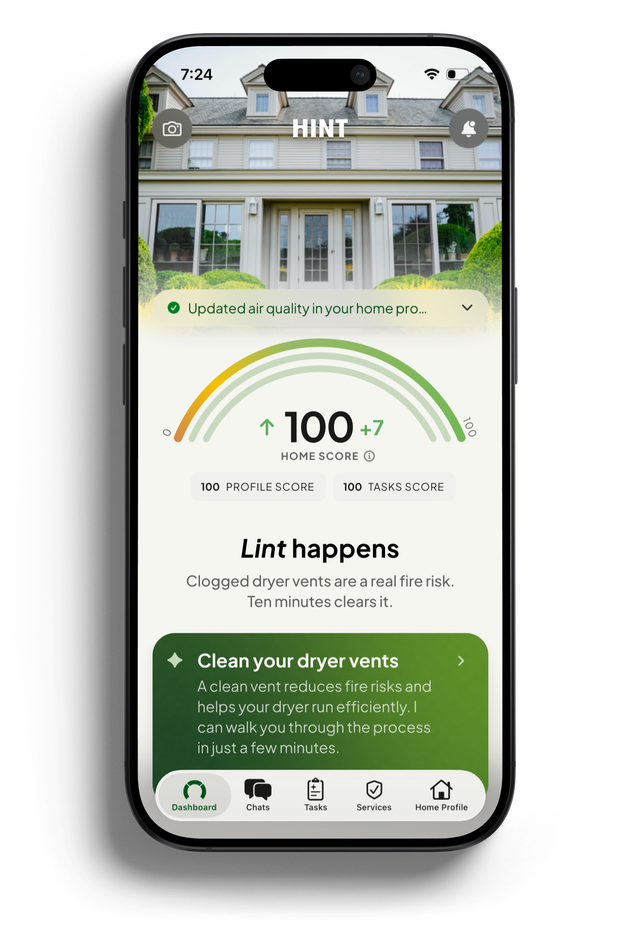 Mobile app interface displaying air quality and fire risk information related to dryer vent maintenance.