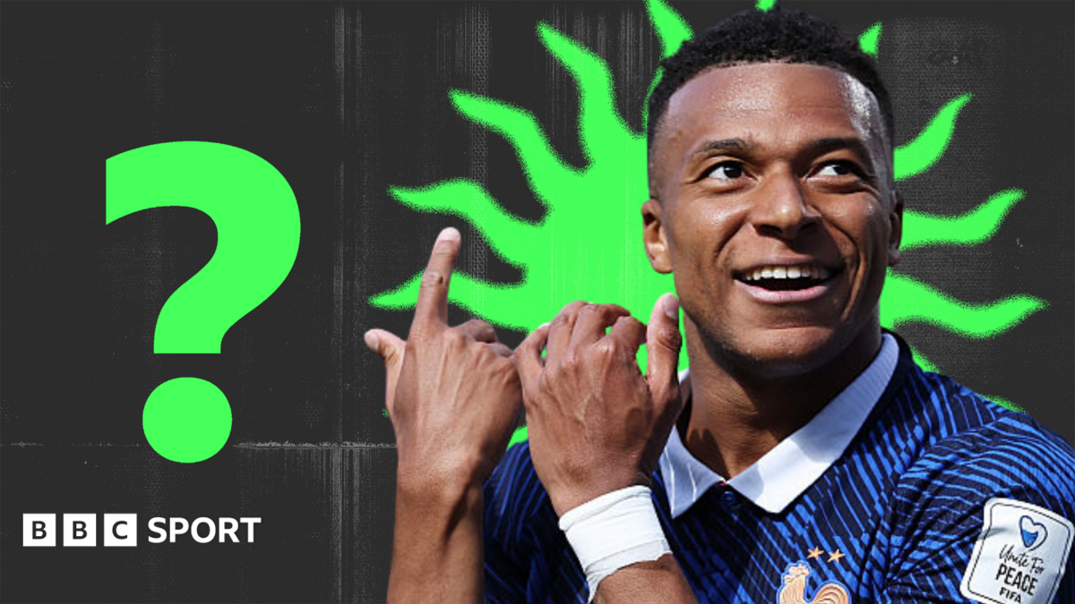 Kylian Mbappe celebrating next to a green question mark